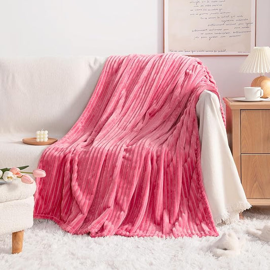 NTBAY Plush Flannel Twin Bed Blanket, 60X80 Inches Soft and Warm Lightweight Blanket with Striped Texture Bed Blanket for Couch Sofa Bed All Seasons, 60"x80", Coral Pink