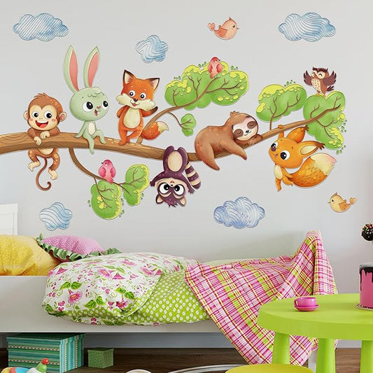Cute Jungle Theme Wall Stickers Removable Animal Forest Wall Decals Elephant Monkey Lion Giraffe Zebra Peel and Stick Tropical Wall Art Decor for Nursery Bedroom Classroom (Colourful 4)