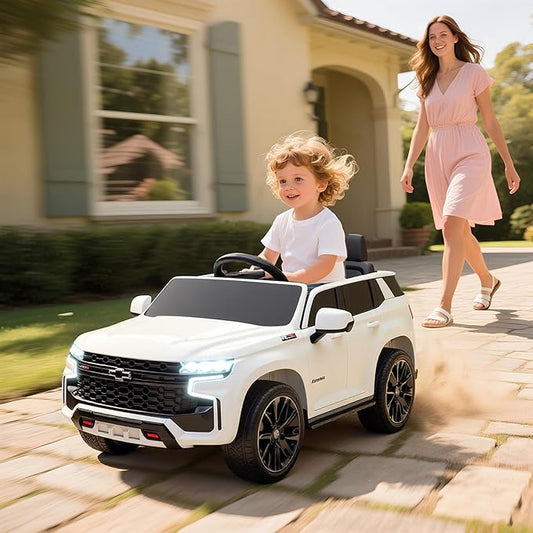 Aosom Licensed Chevrolet Tahoe Ride On Car, 12V 7AH Battery Power Ride On Toy with Parent Remote Control, LED Lights, Music, 4 Wheeler Suspension, 3 Speeds, Kids Electric Vehicle for Aged 3+, White