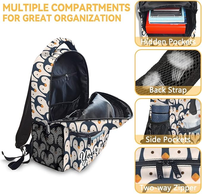 COOPASIA Personalized Cute Penguin Backpack, 16 Inch Animal Theme Bookbag with Adjustable Straps, Durable, Lightweight, Large Capacity, School Backpack for Kids Girls Boys