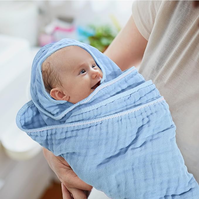 Peryiter 4 Pcs Muslin Hooded Baby Towels, 32x 32'' Cotton Newborn Bath Towel Muslin Infant Baby Blankets Absorbent Unisex Christmas Registry Gift Essentials for Girls Boys (Blue Series)