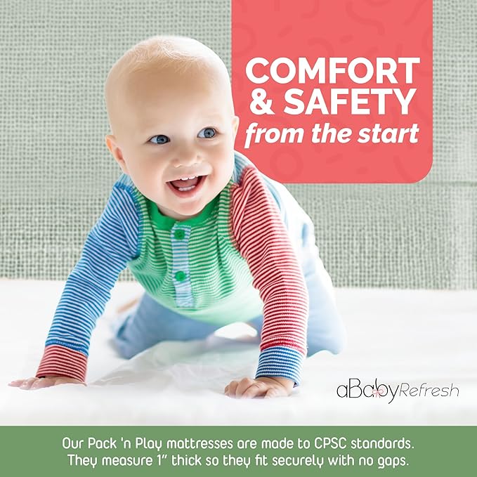 Pack and Play Mattress 38x26 x1-1-Inch Firm Foam Pack n Play Mattress Pad with Waterproof Vinyl Cover - Safe Secure Fit for Playard Bedding - CPSC Compliant Foldable Portable Travel Baby Bed