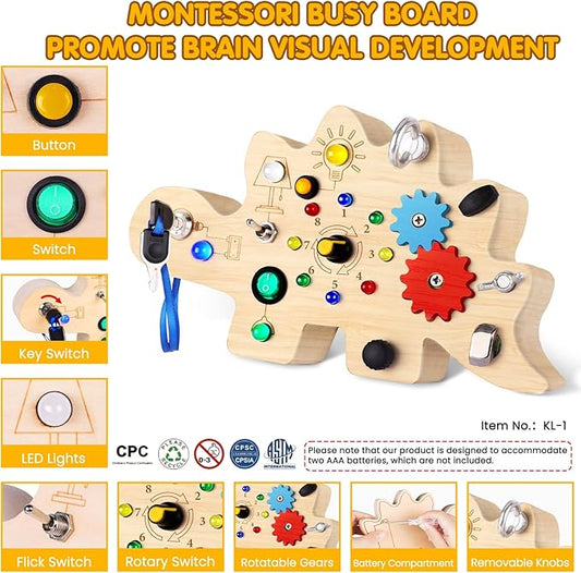 Busy Board, Montessori Toys for 3 Year Old, Baby Sensory Toys for Toddlers with 12 LED Light,Wooden Toddler Busy Board Baby & Toddler for Learning Activity, Light Switch Toys for Toddlers