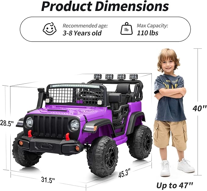2 Seater Ride on Car Toy, 12V Electric Car for Kids 4-8 with Remote Control, Capacity 110 lb, LED Light - Purple