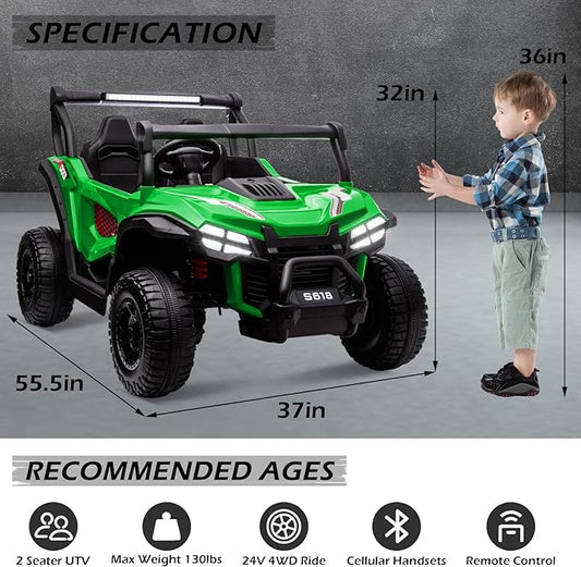 MOLACHI 24V Kids Ride on UTV Car,4WD Battery Powered Electric Vehicle for Kid, 2 Seater Ride On Truck with Remote Control,Safety Belts,3 Speeds,Bluetooth (Green)