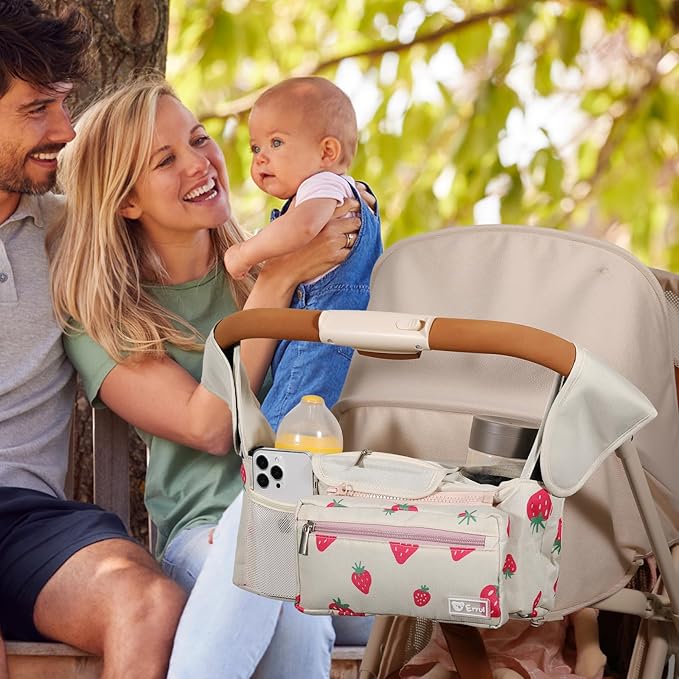 Universal Stroller Organizer with Insulated Cup Holders and Detachable Phone Bag,Stroller Caddy Fits for Stroller Accessories like Uppababy, Baby Jogger, Doona, Nuna Stroller (strawberry)