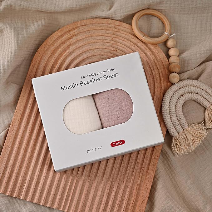 Muslin Bassinet Fitted Sheets, 2 Pack for Baby Boy and Girl, Soft Breathable Stretchy Baby Pad/Mattress Sheet Set, Universal Fit for Hourglass Oval and Rectangle Bassinet Mattress (Gentle Colors)