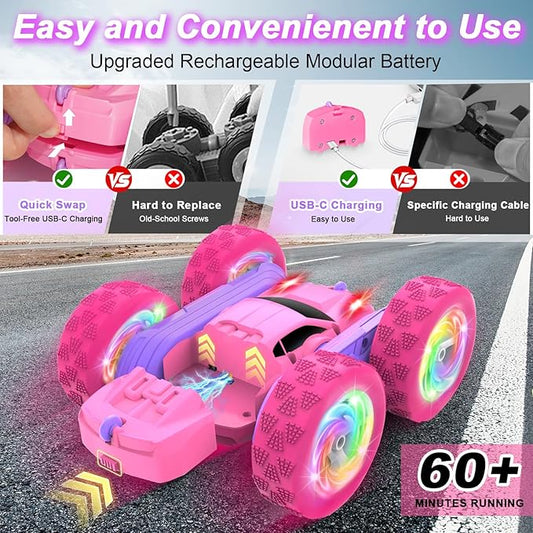 Remote Control Car, RC Cars for Girls, 2.4 GHz Double Sided RC Crawler with Upgraded USB-C Modular Battery, 360°Rotating Car Toys for 6 7 8 9 10 11 12 Year Old Girl Birthday Gift Pink-Purple
