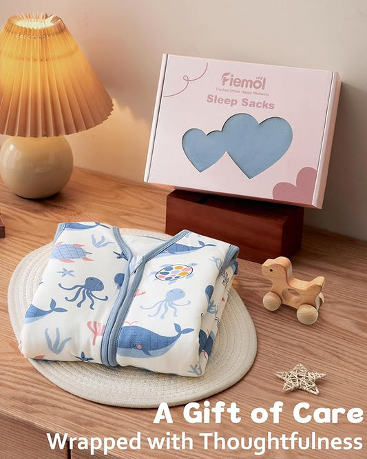 Rayon Made from Bamboo Baby Sleep Sack 6-12 Months, 1.0 Tog Baby Wearable Blanket, Soft Sleeping Bag for Newborn Infant Babies with 2-Way Zipper 2 Pack (Medium) Blue Whale