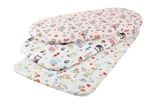 Onacosht Bassinet Sheets Set 3 Pack for Baby Girl, Stretchy Soft Jersey Knitted Fitted Sheet Universal for Oval Rectangle and Hourglass Bassinet Mattress, Flower, Rabbit and Owl Printing