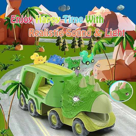 Veslier Dinosaur Car Toy for 3 4 5 Years Old Boys, Friction Power Carrier Truck with 4 Pack Small Pull Back Dino Car, Christmas Birthday Gift for 3+ Boy Girl Kids Toddlers