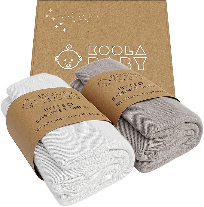 Bassinet Sheet for Bassinet Mattress - 100% Organic Jersey Knit Cotton - Snuggly Soft & Cozy Sheets Fitted for Oval Rectangle & KoolaBaby Bedside Sleeper - White & Grey 2 Pack