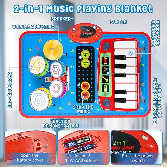 2-in-1 Musical Mat Toys for 1 2 3 4 5 Year Old, Piano Keyboard & Drum Set with 2 Drum Sticks, Early Educational Musical Learning Toys Birthday for 1 2 3 4 5 Year Old Boys & Girls, Blue
