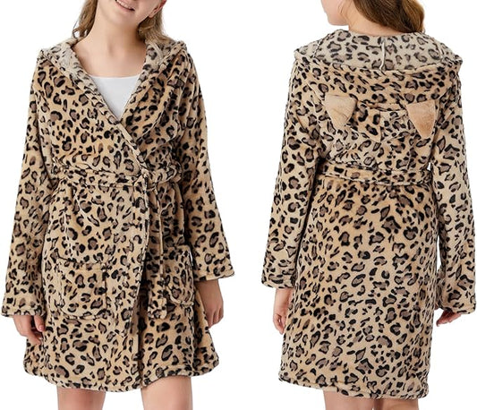 Topgal Leopard Cat Robe for Girls Fleece Toddler Kids Teen Hooded Bathrobe Size 4T-18