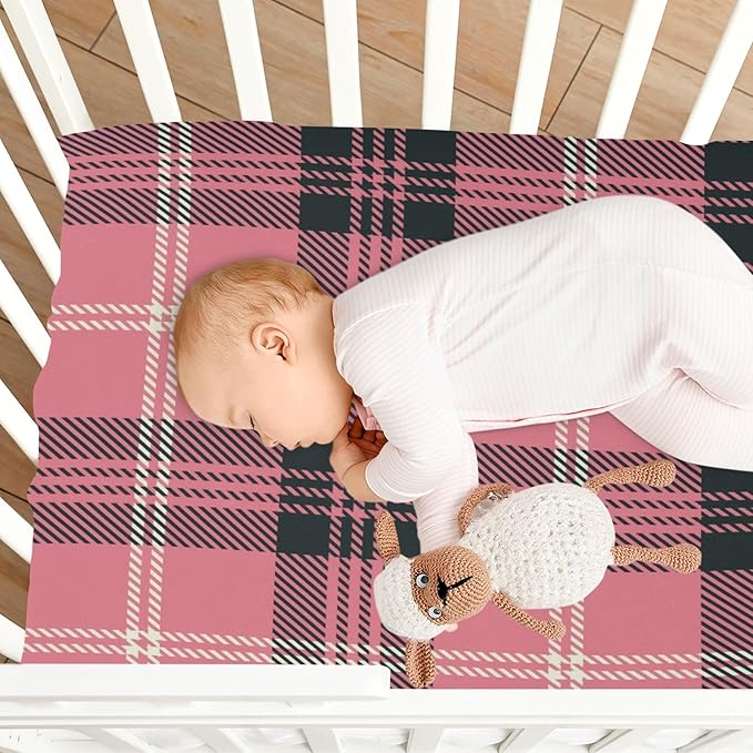 Baby Crib Sheets Fitted Crib Sheet Standard Crib and Toddler Mattress for Boys Girls 39 * 27in Pink Starfish Shell Pattern (Pink and Black Plaid 33, Small)
