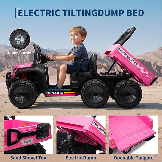 24V 4WD Electric Ride-on Dump Truck for Kids, 2-Seater with Parental Remote Control, 3 Speeds, All-Terrain Off-Road Toy Car for Boys Girls, Pink
