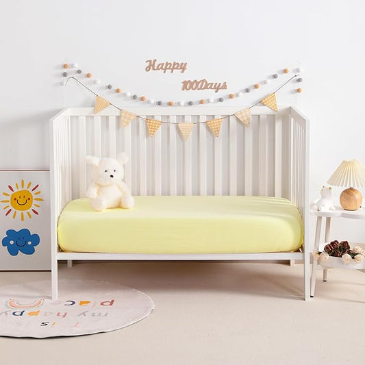 NTBAY 2 Pack Muslin Cotton Mini Crib Sheets, Soft and Breathable Double Layer 24x38 Baby Crib Sheets for Mini Crib and Toddler Mattresses, Boys, Girls, Unisex, Light Yellow, 24x38 Inches