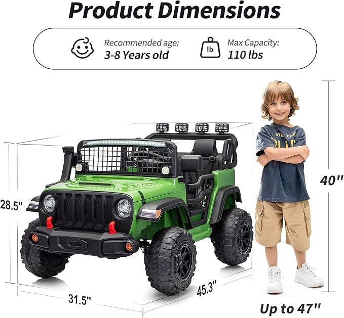 2 Seater Ride on Car Toy, 24V 4WD Electric Car for Kids 4-8 with Remote Control, 4x200W Motors, Capacity 110 lb - Army Green