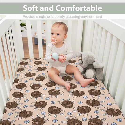 Highland Cow Easter Bunny Ears Baby Crib Sheets for Boy Girl 52x28Inch Western Cows Easter Bunnies Soft Stretchy Fitted Crib Mattress Cover Cow Lover Baby Sheet for Standard Crib and Toddler Mattress