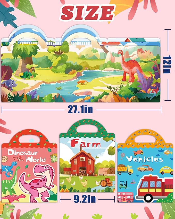 Benresive Reusable Sticker Books for Toddlers, 3 Sets Travel Stickers for Kids, Toddler Sticker Book, Crafts Activities for Toddlers, 3 and Up Birthday Gifts Travel Toys