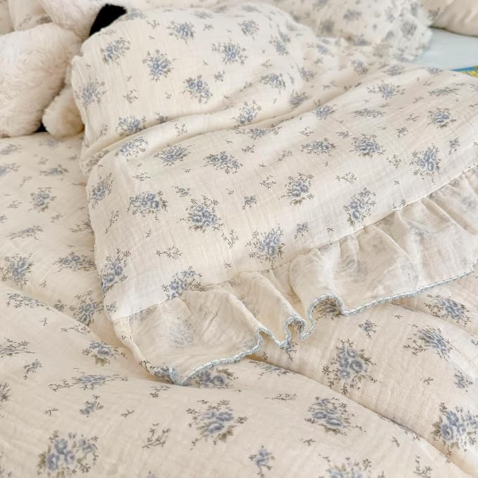 BuLuTu Blue Freesia Pattern Duvet Cover King, 2 Layers Cotton Muslin Quilt Cover with Zipper, Shabby Chic Ruffled Comforter Cover 90"x104" Floral Design Bedding, No Pillow, Machine Wash
