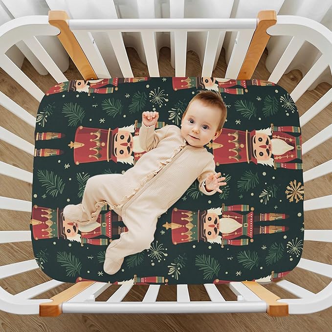Christmas Nutcracker Green Crib Sheets Soft Breathable Fitted Baby Crib Sheets Mattress Cover for Girls Boys, 52" x 28" x 9"