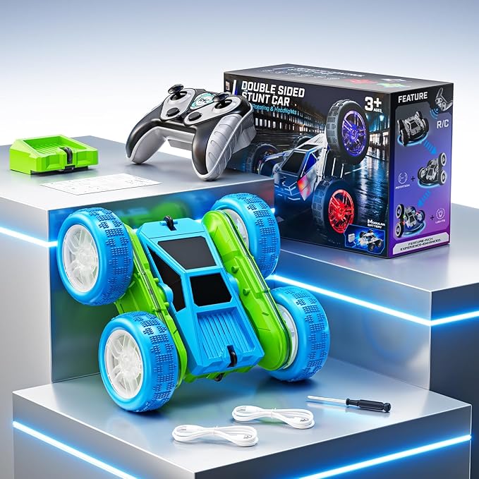 Remote Control Car, 360° Flips Rotating RC Stunt Car with USB-C Charge Modular Battery, 4WD RC Cars with LED Lights Strips, All Terrain RC Truck Toys for Kids 3+ Year Old Boys Christmas Birthday Gift