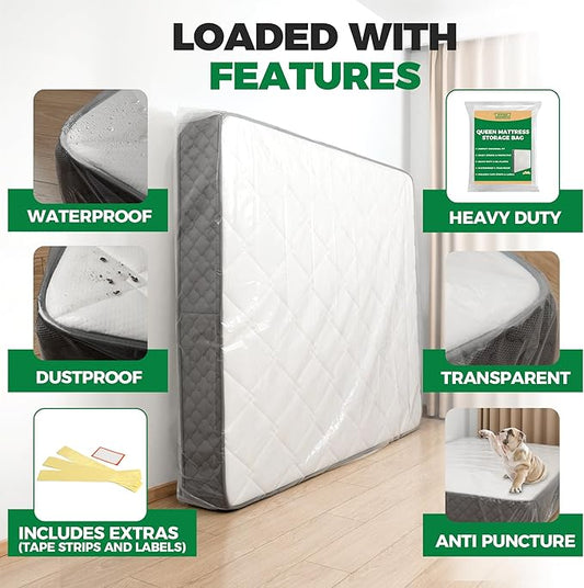 Queen Mattress Bags for Moving & Storage - Heavy Duty Thick 4mil Reusable Bag Mattresses Covering, Waterproof Plastic Perfect Bed Fit - Clear, 100 × 64 x 15 Inches