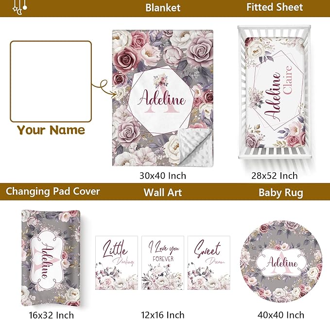 Personalized Baby Bedding - 5 Pcs Custom Name Bedding for Girls & Boys - Soft Toddler Crib Sets for Infant Customized Gifts, Rose
