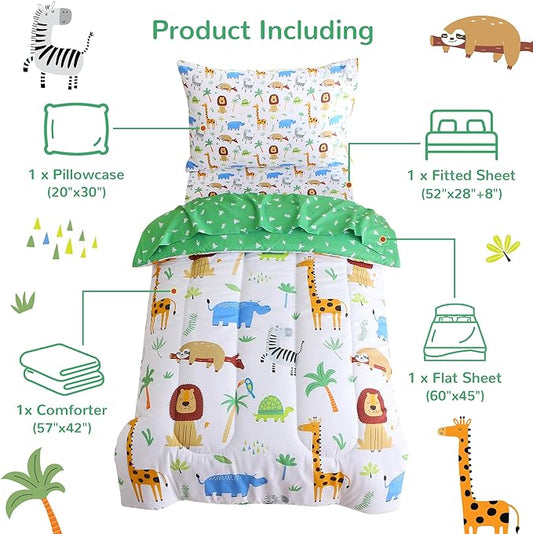 Mooreeke 4 Pieces Toddler Bedding Set - Forest Animal Toddler Comforter Sets for Girls Boys, Includes Comforter, Flat Sheet, Fitted Sheet and Pillowcase, Bed in A Bag for Baby Bedroom