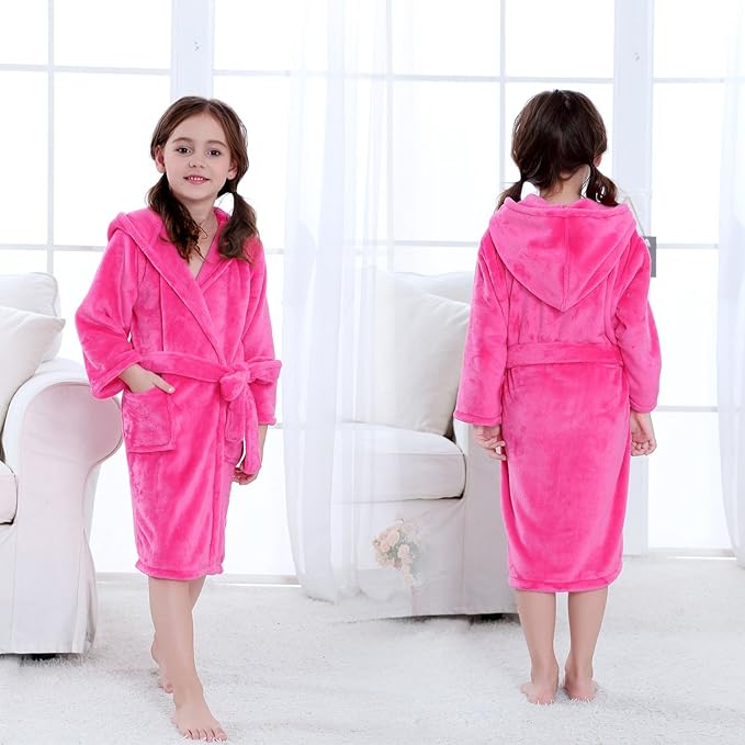Hooded Herringbone Girl's Fleece Soft Spa Kimono Long Robe,Kids Comfy Sleepwear Bathrobe