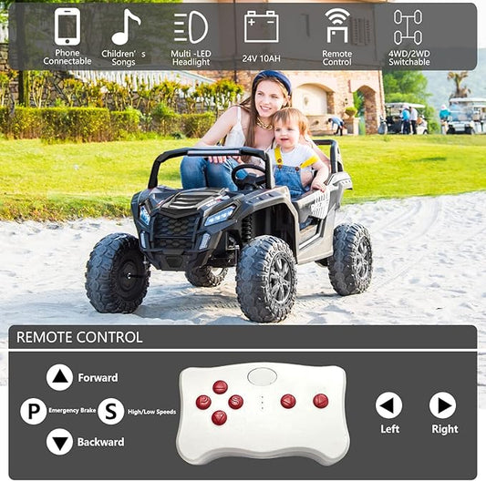 POSTACK 24V 2 Seater Ride On Toy Car Power 4 Wheels for Kids Ages 3-12 4WD UTV with Parents Remote Control 4X4 Electric Vehicles Off-Road Toy Kids to Drive with EVA Tires MusicLED Light, Black