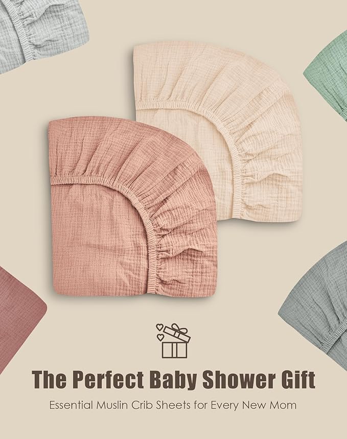 SWEET DOLPHIN 2-Pack Muslin Crib Sheets for Boys & Girls, Ultra Soft Breathable 40S Long-Staple Cotton Fitted Baby Sheets for Standard Crib Mattress 52"x28", Light Bean Paste- Nursery Essentials