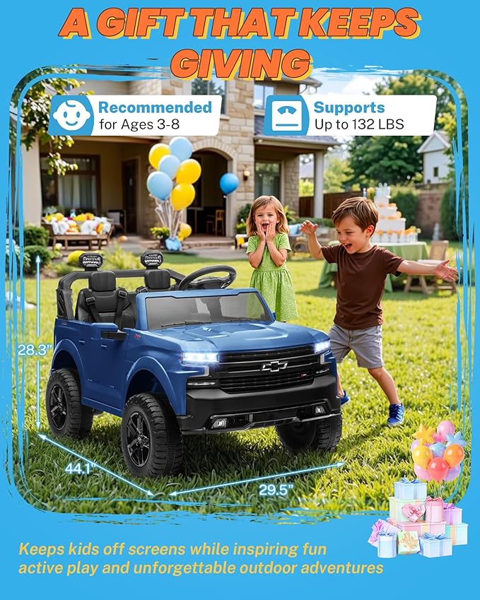ENYOPRO 24V 2 Seater Ride on Car for Kids, Licensed Chevy Silverado LT Trail Boss Battery Powered Electric Car for Toddlers w/Remote Control, Metal Suspension, Soft Start, Bluetooth, LED Lights (Blue)