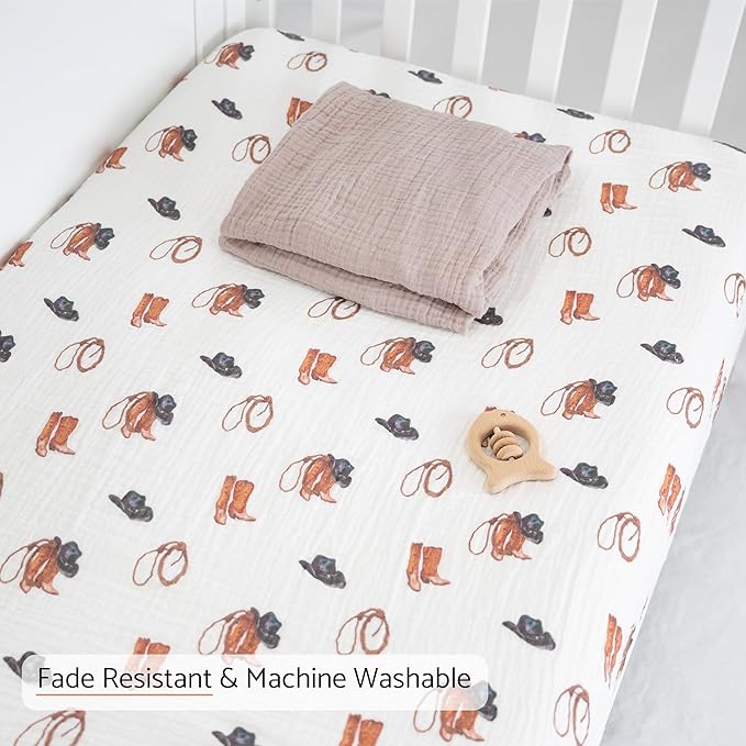 LollyBanks Fitted Crib Sheet for Boys 1 Pack, 100% Cotton Muslin Crib Sheets, Soft and Breathable Baby Sheet for Standard 52 x 28 Inches Mattress, Baby Bedding Essentials for Registry (Cowboy Print)