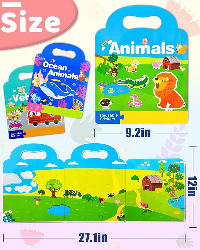 Benresive Reusable Sticker Books for Toddlers, 3 Sets Travel Stickers for Kids, Toddler Sticker Book, Crafts Activities for Toddlers, 3 and Up Birthday Gifts Travel Toys