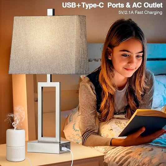Lolikit 23.5" Touch Control Table Lamps, Metal Bedside Lamp for Bedroom Set of 2 with USB A+C Ports & AC Outlet, 3-Way Dimmable Nightstand Lamp for Living Room (LED Bulb Included)