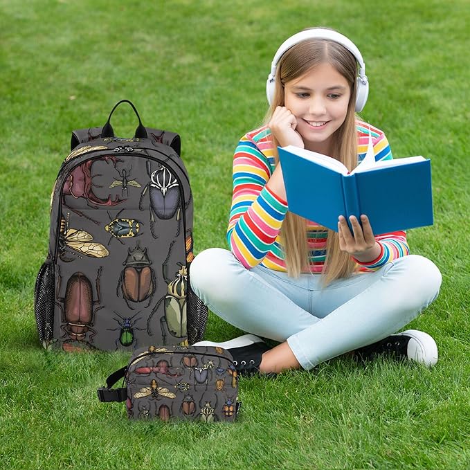 Jucciaco Insects Beetle Backpack with Lunch Bag, School Backpack for Teens Boys Girls Kids Backpacks Set