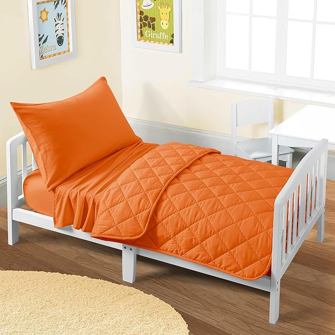 FLXXIE 4 Pieces Toddler Bedding Set, Soft and Breathable Microfiber Crib Sheet Set, Includes Quilted Comforter, Flat Top Sheet, Fitted Sheet, Envelope Pillow Case for Boys and Girls, Orange