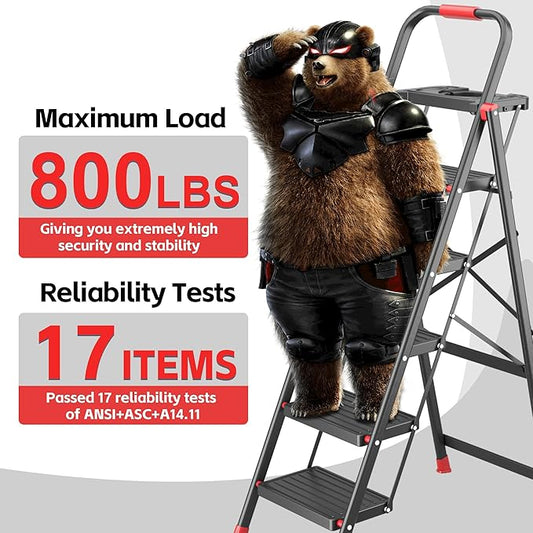 5 Step Foldable Step Ladder with Mutifunctional Tool Tray, Platform Ladders Stepstools, Step Stool 5 Step Folding with Non-Slip Pedals, 800lbs Bearing Capacity for Adults, Home, Kitchen, Black Red
