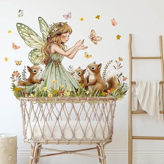 Forest Fairy Squirrel Wall Stickers Wildflower Butterflies Reusable Peel and Stick Wall Clings for Nursery Kids Room Bedroom Home Decor