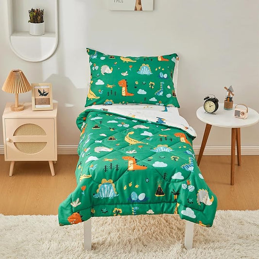 beeweed 4 Pieces Dinosaur Toddler Bedding Set Boys Girls, 2 Sides Design Bed in a Bag Comforter Set, Includes 1 Comforter, 1 Fitted Sheet, 1 Flat Sheet and 1 Reversible Pillowcase