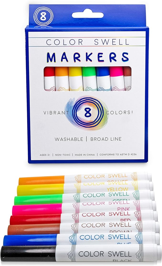 Color Swell Washable Markers 2 Pack of 8 Vibrant Colors Each for Teachers, Kids, Classrooms, Families, All Ages