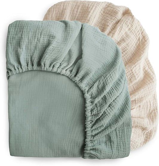 mushie Extra Soft Muslin Fitted Crib Sheet 2-Pack | 192 Thread Count | 28"x 52" (Roman Green/Fog)