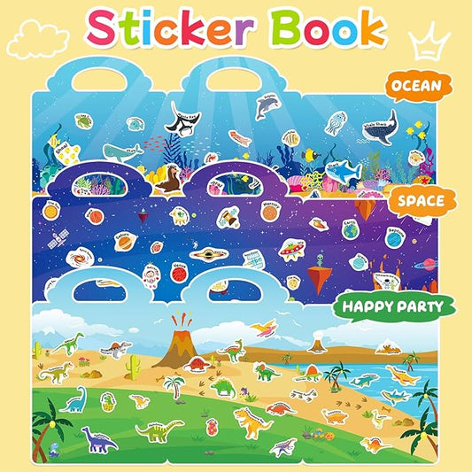 3 Sets Reusable Sticker Book for Toddlers 3-6, Jelly Sticker Books for Toddler, Travel Sticker Activity Toys for Kids 3 4 5 6 Years Old Girls & Boys(Ocean + Space + Dinosaur)