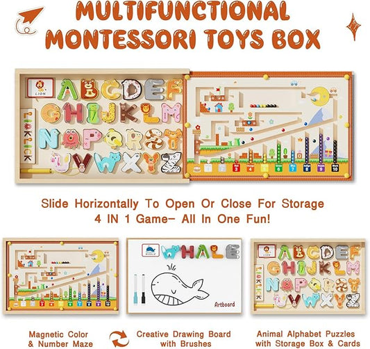 Wooden Montessori Toys with Storage Box for 3-5 Year Old, 4 in 1 Toddlers Educational Learning Toy- Magnetic Color and Number Maze, Animal Alphabet Puzzles, Drawing Board for Kids Boys Girls