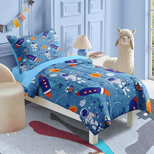 Nesker 4 Pcs Comforter Set Toddler Size, Space Moon Astronaut Bedding for Kids Teen, Cartoon Science Galaxy Bed Sheet with Pillowcase & Sham