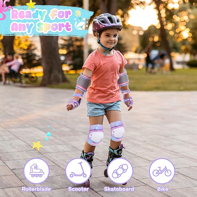 Knee Pads for Kids - ZOOBLISS Toddler Knee and Elbow Pads Set Wrist Guards for Skating Girls Aged 3-12, Kids Protective Gear for Roller Skates Skateboard Bike Scooter, Included Drawstring Bag(Rainbow)