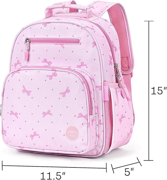 mibasies Girls Backpack 5-8: Lightweight Kids Backpacks for Girls - Girl Bookbag for Elementary School - Polka Dot Bow Pink