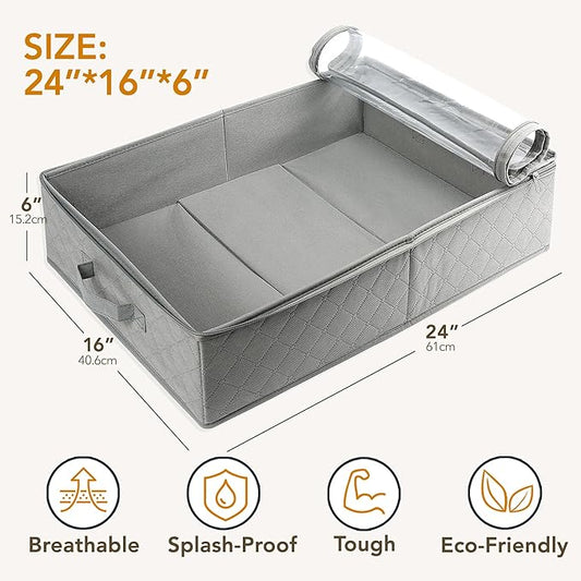 LotFancy Foldable Under Bed Storage Bags, Closet Organizers and storage bins, Clothes Blankets Organizer, with Clear Window and Reinforced Handles, 24” x 16” x 6", Gray, Pack of 2